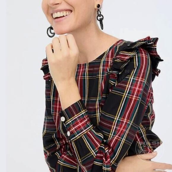 J.Crew Size PM Plaid Ruffle Shoulder Top | Holiday Tartan Blouse Long Sleeve - Picture 2 of 14